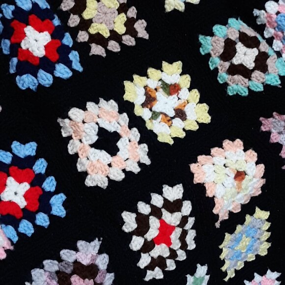 Colorful Hand-Crocheted Granny Square Blanket Multicolored Squares on Black Back - Picture 4 of 8